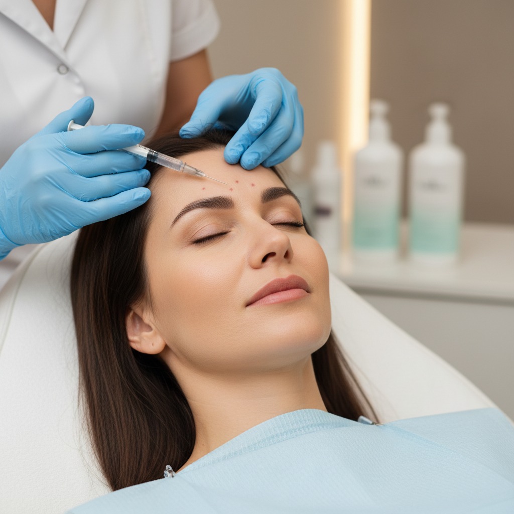 crie uma imagem onde o paciente está realizando um procedimento de botox, para ilustrar a legenda do serviço prestado. Quero que a Imagem siga o padrão de qualidade das fotos que estão no site. A foto precisa ser apenas do paciente, não quero que mostre o profissional realizando o tratamento. No máximo as mãos do profissional realizando a aplicação do botox.